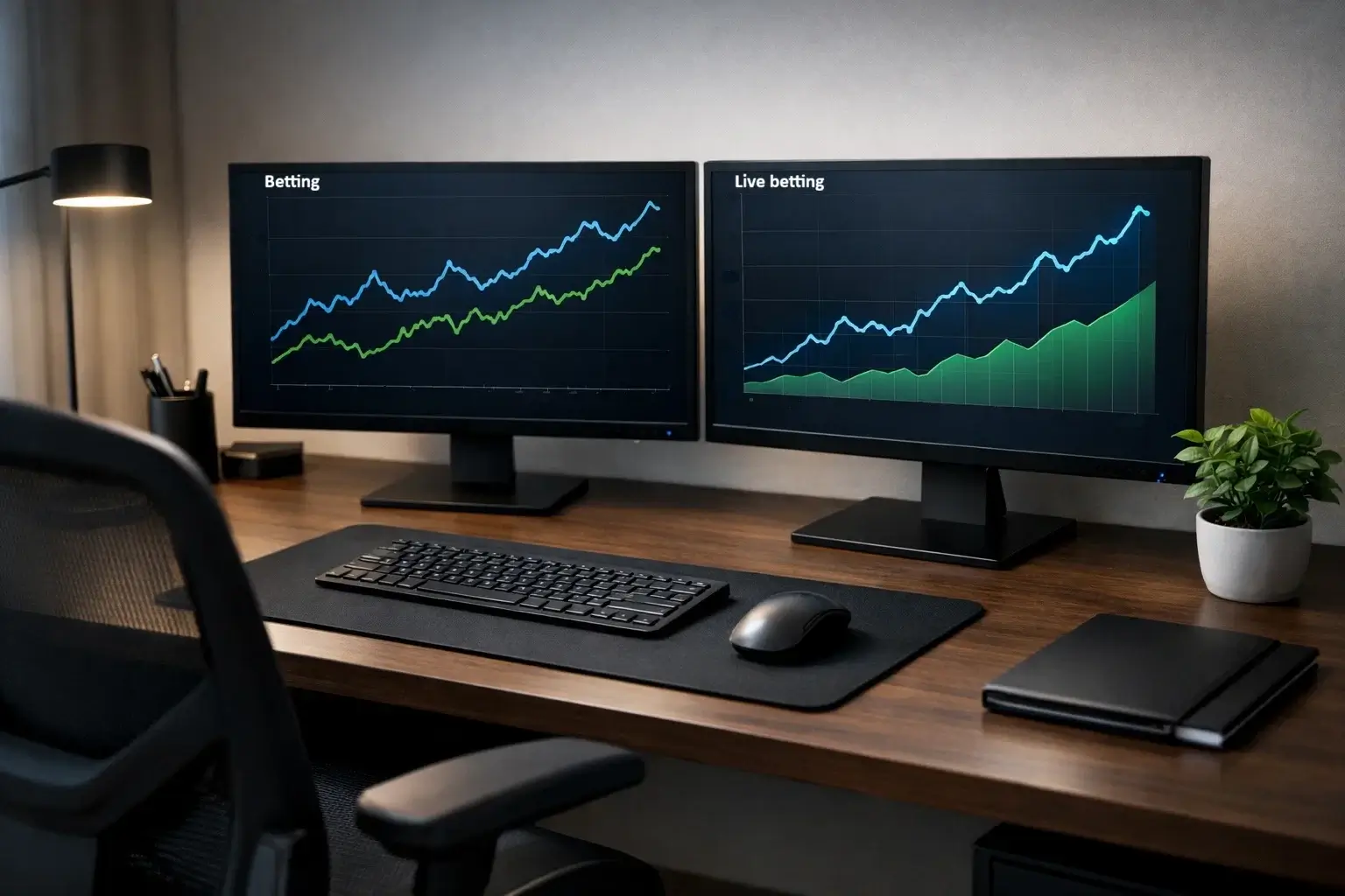 Professional workspace with multiple screens showing line movement charts