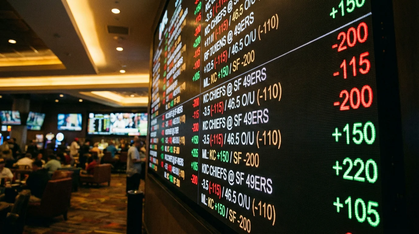 Close-up of a sportsbook screen displaying American odds with plus and minus numbers