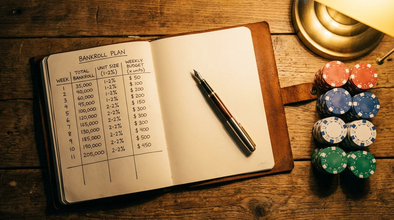 A notebook with a handwritten bankroll plan and a stack of organized poker chips