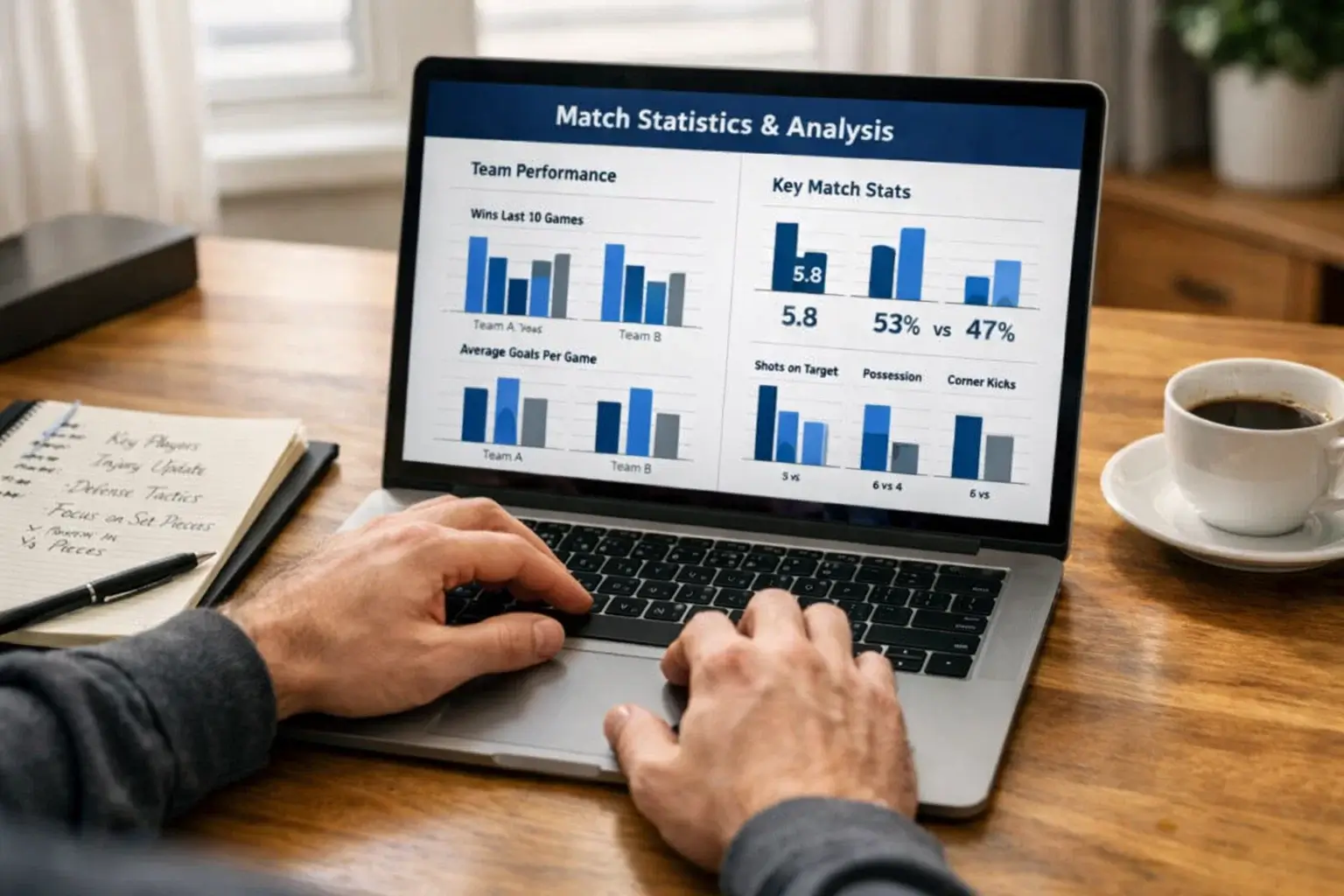 Person analyzing football statistics and match data on laptop