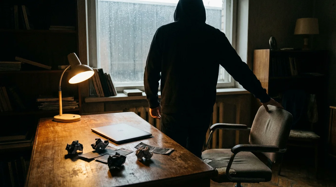 A person stepping back from a desk with betting slips crumpled on the table