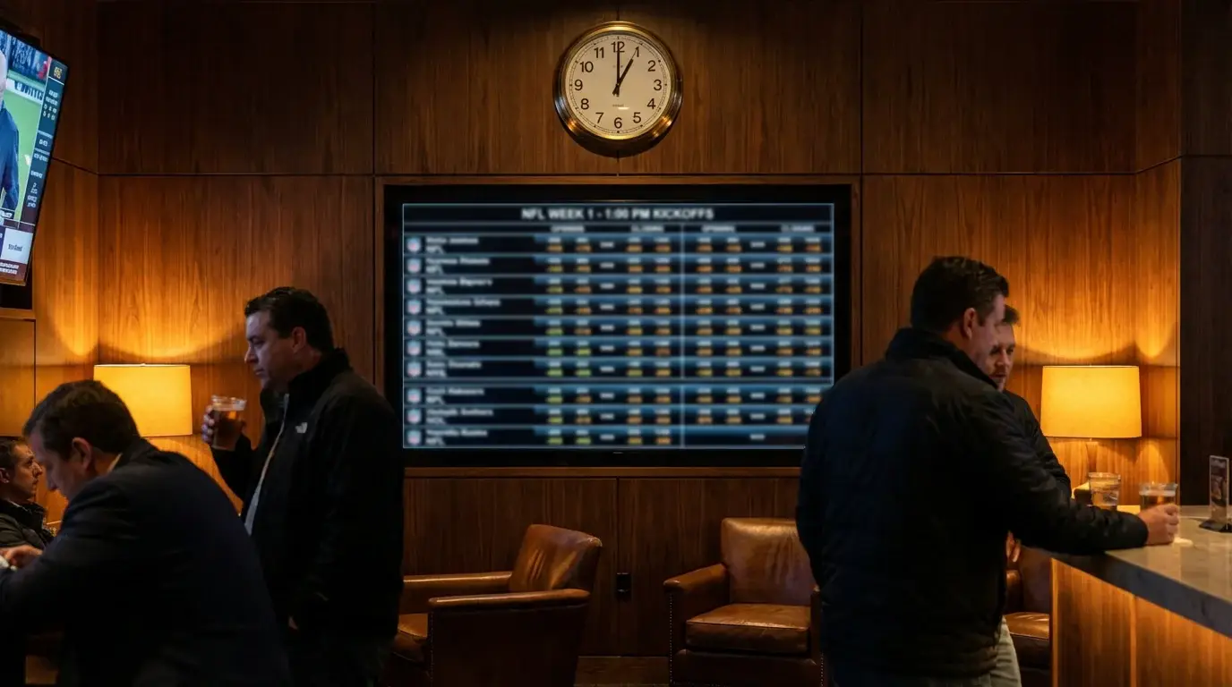 A clock showing kickoff time next to a sportsbook screen with shifting odds