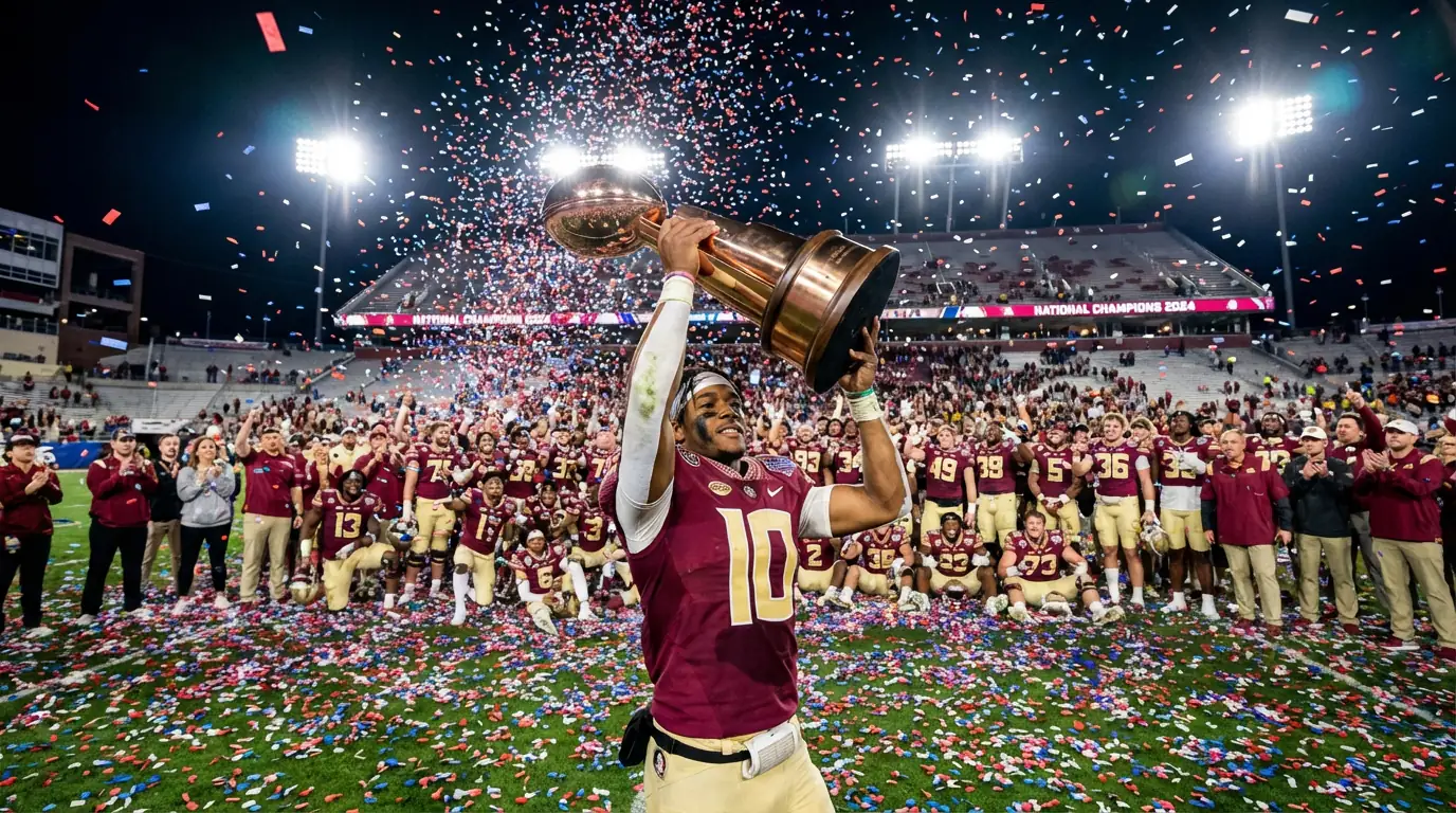 A college football player holding up a trophy on a confetti-covered field