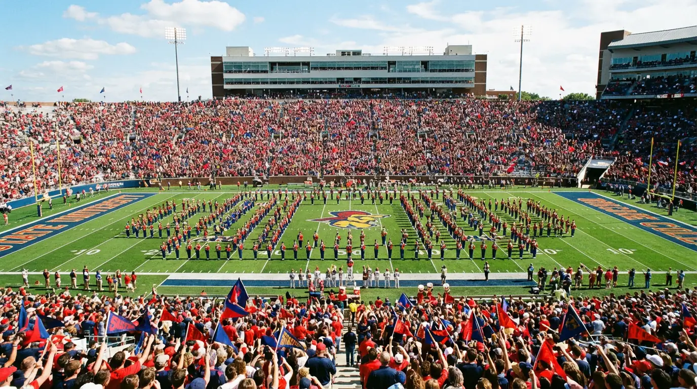 A packed college football stadium with a marching band on the field before kickoff