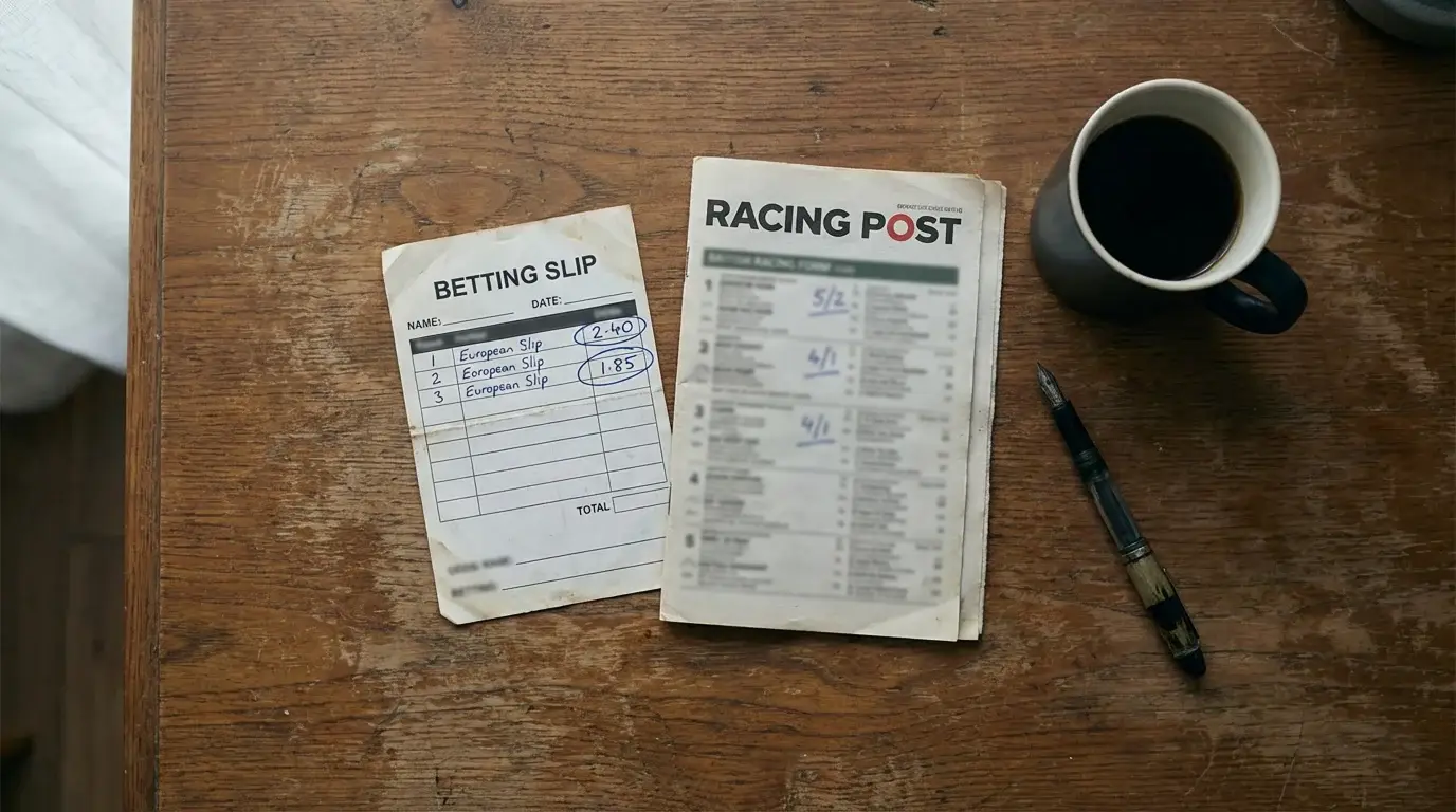 A European sportsbook ticket next to a British racing form showing different odds formats