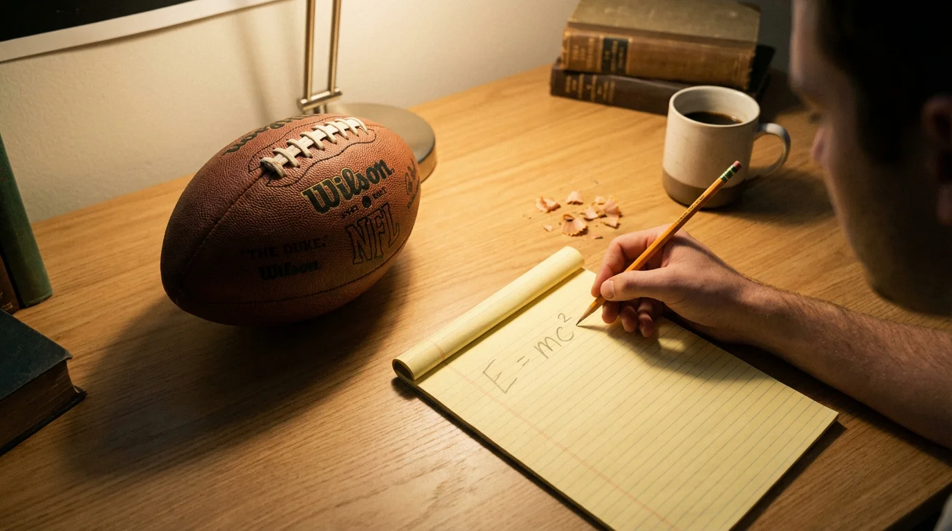 A person writing a simple math formula on a notepad with a football nearby
