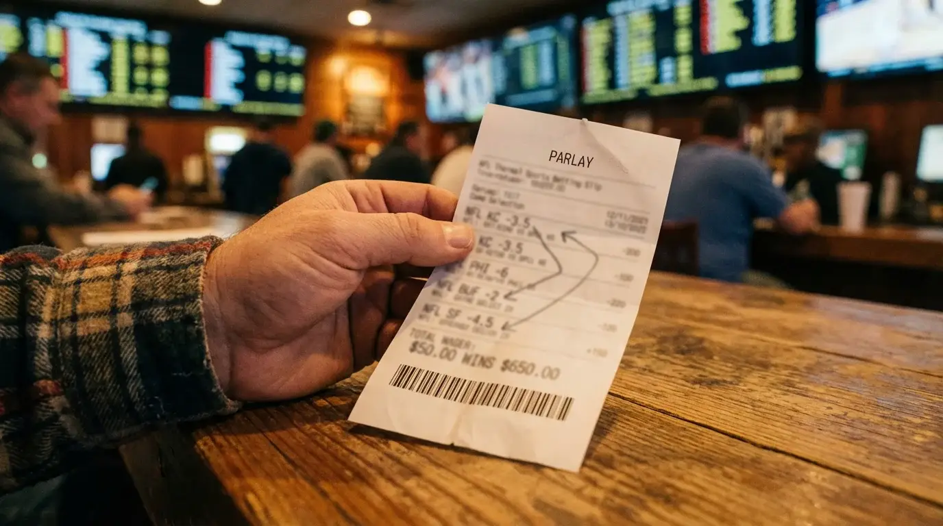 A betting slip showing multiple game selections linked together in a chain