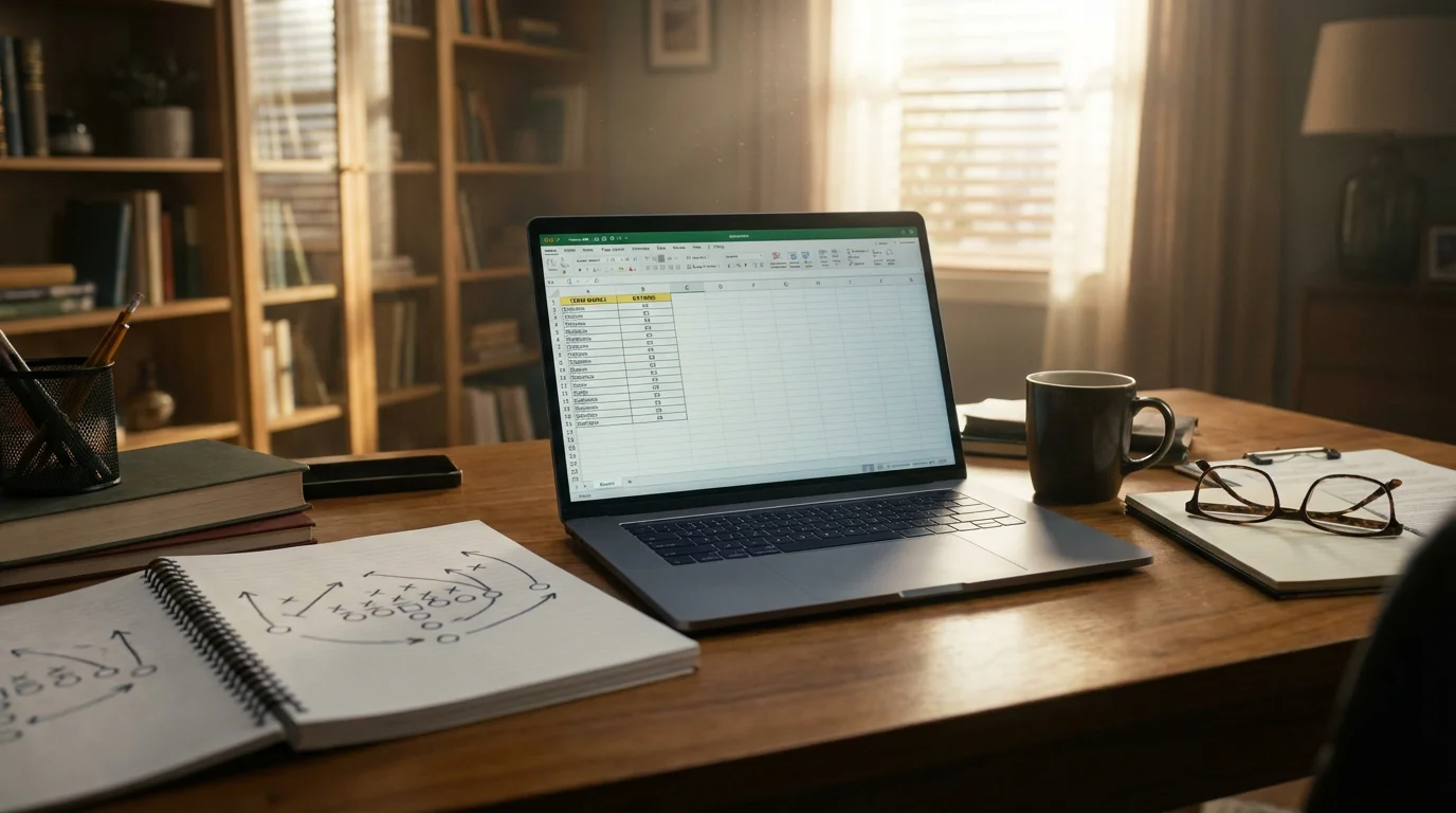 A laptop with a spreadsheet showing team ratings next to a football playbook