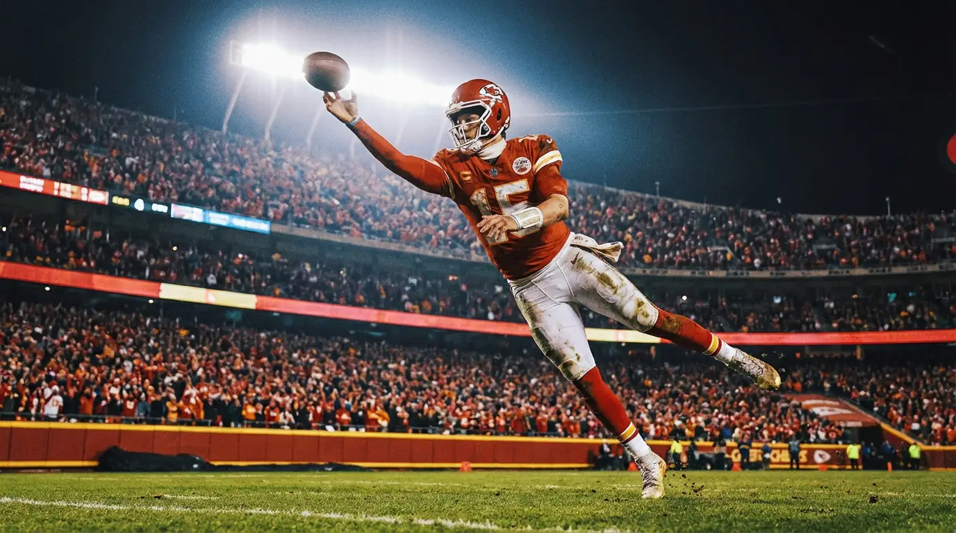 A quarterback throwing a football in a stadium with stats overlaid conceptually