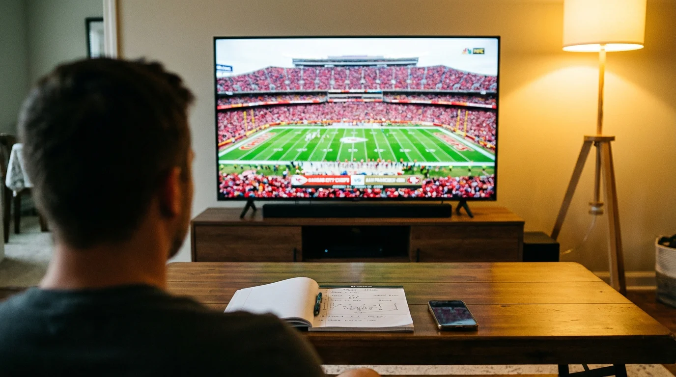 A person studying a football game on a large TV screen with a notepad and pen on the table