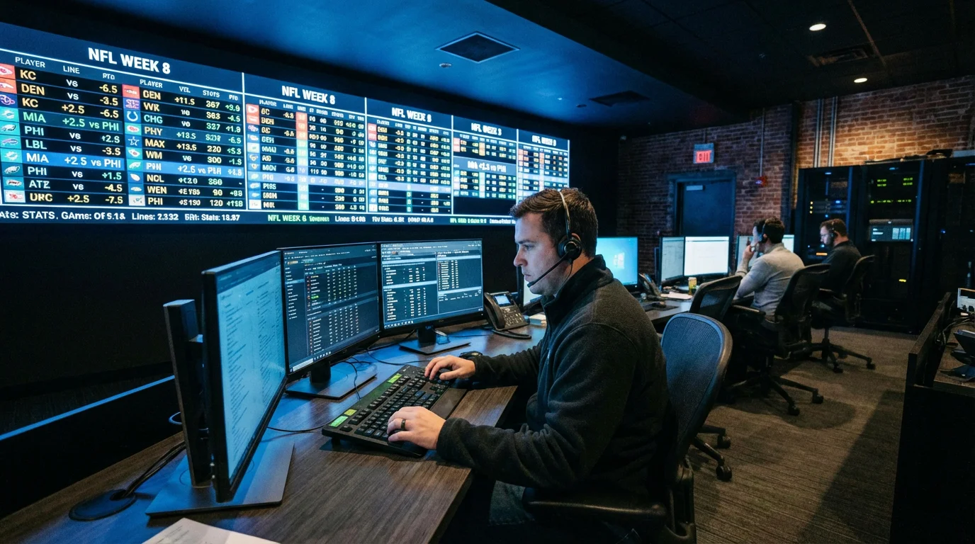 A trading floor-style sportsbook operations room with multiple screens