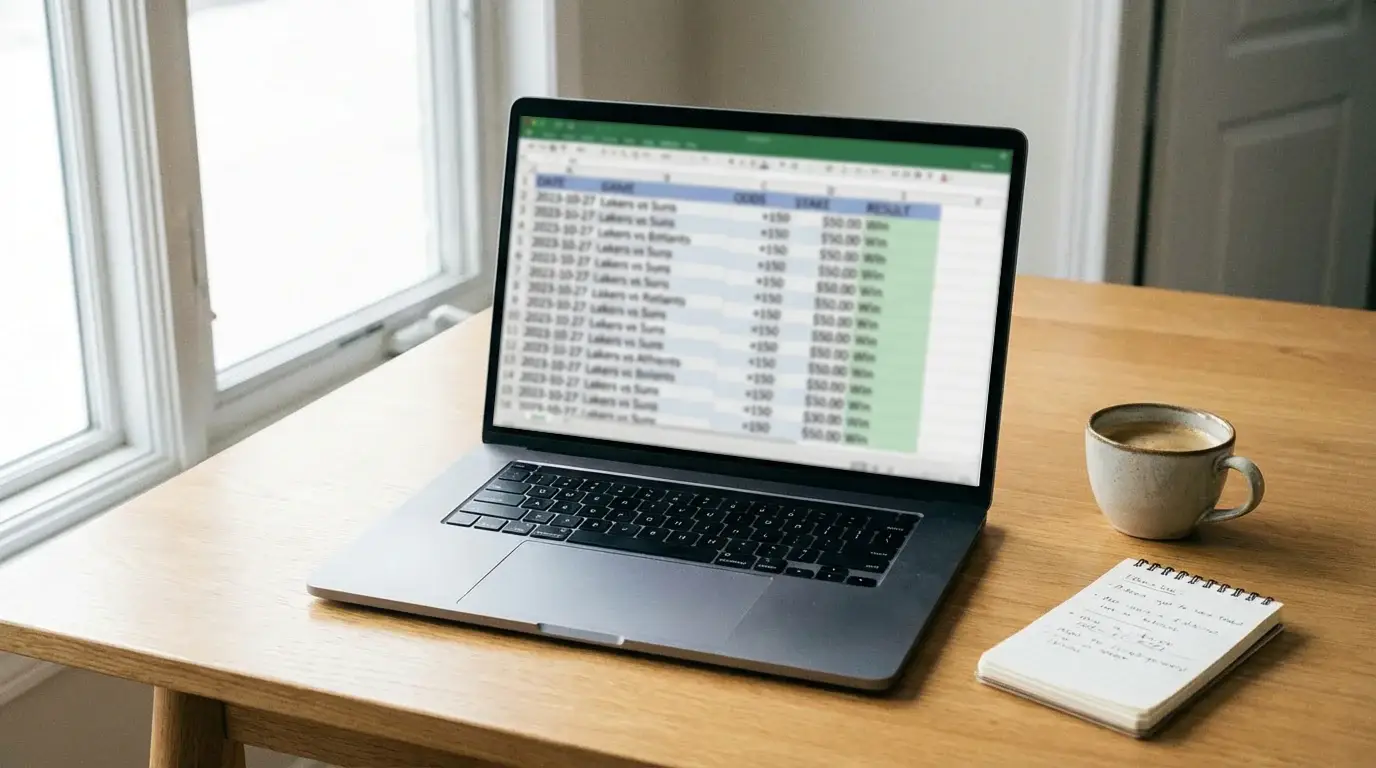 A laptop screen showing a clean spreadsheet with bet tracking columns and data
