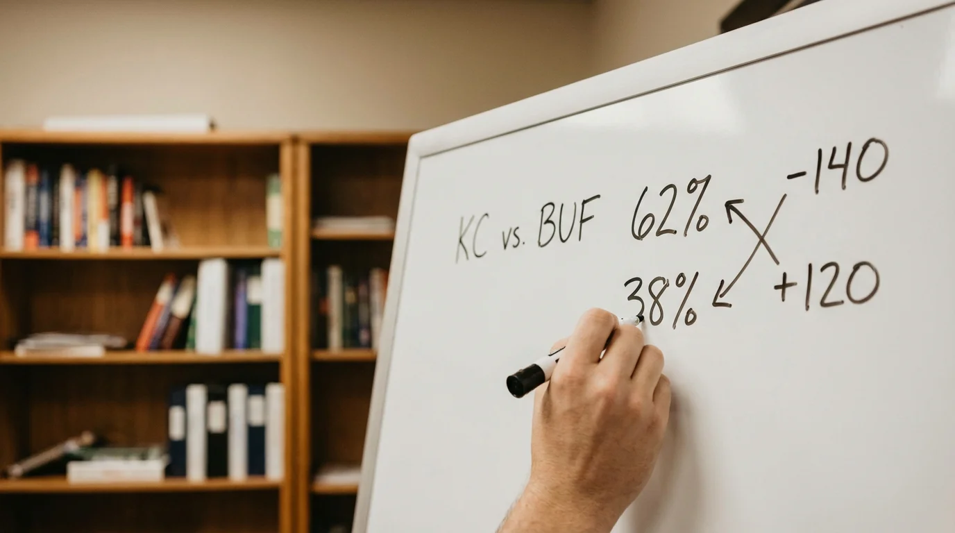 A hand writing probability percentages on a whiteboard next to football matchup names