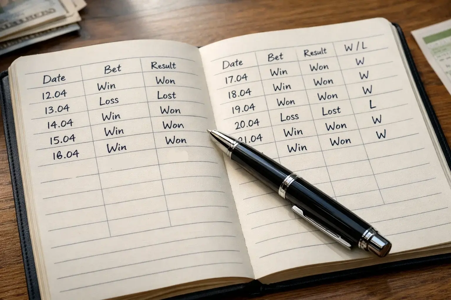 Notebook with betting records and pen on desk