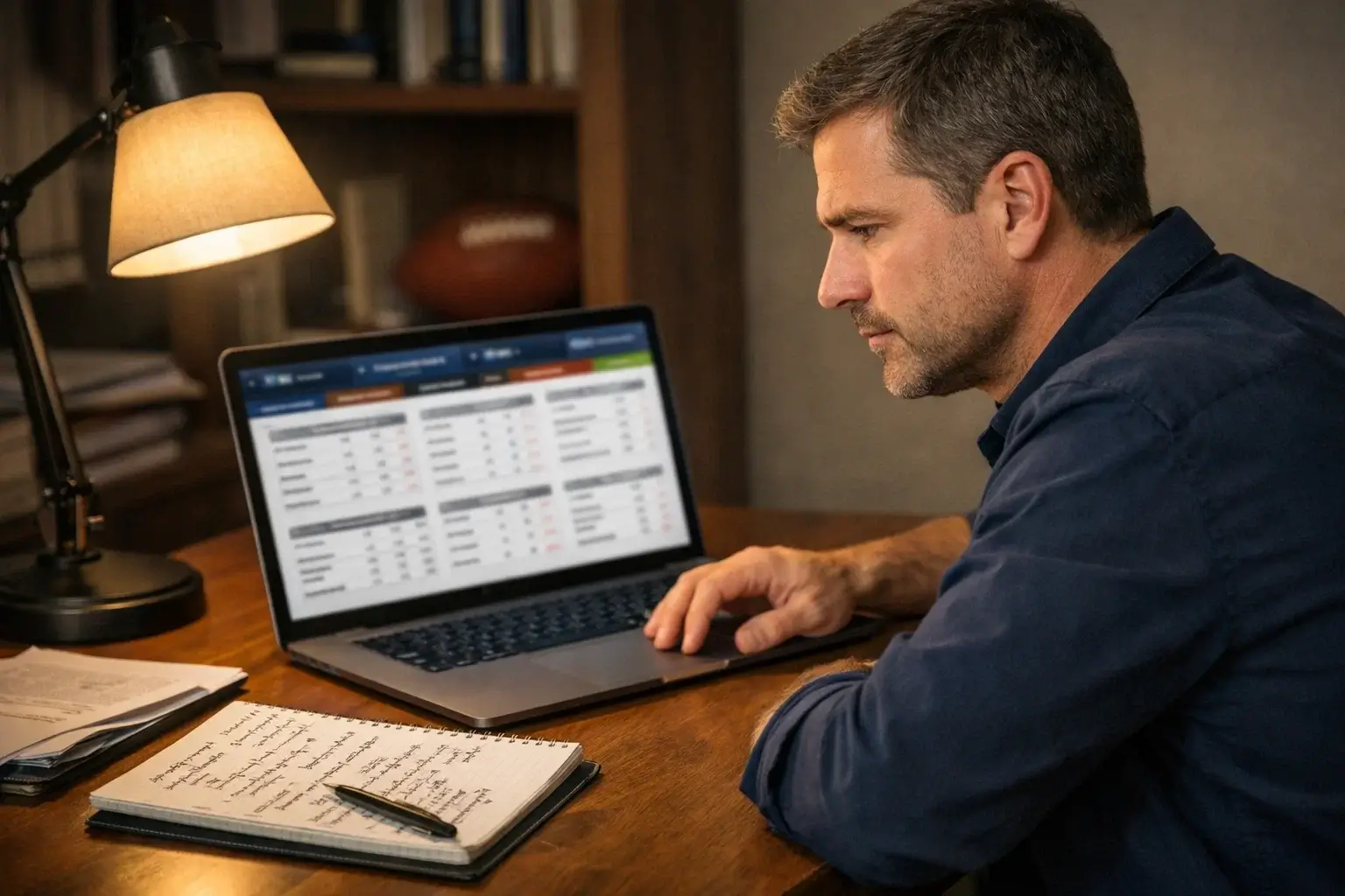Sports analyst reviewing NFL game statistics on laptop