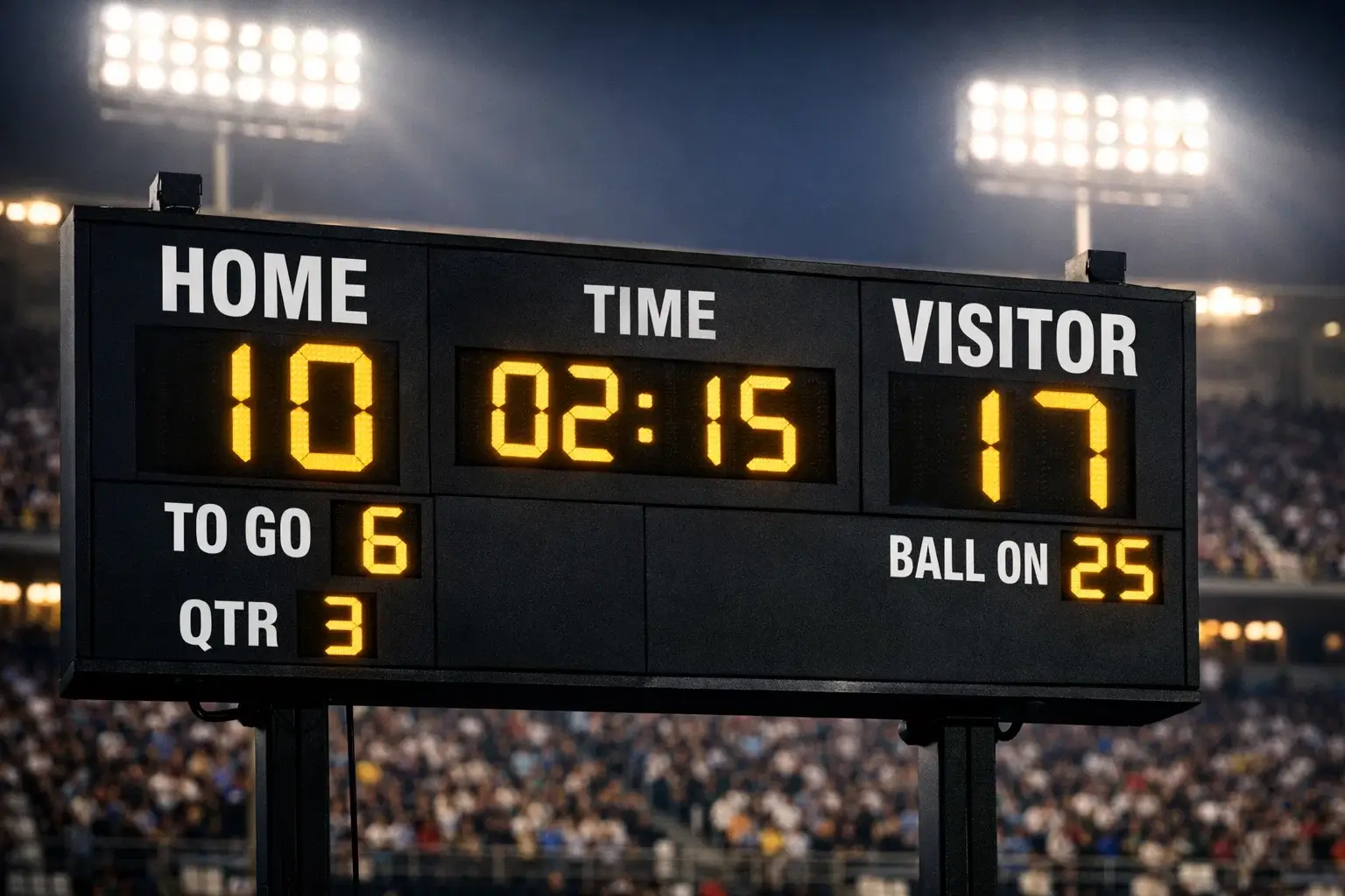 Football scoreboard showing common margin numbers 3 and 7