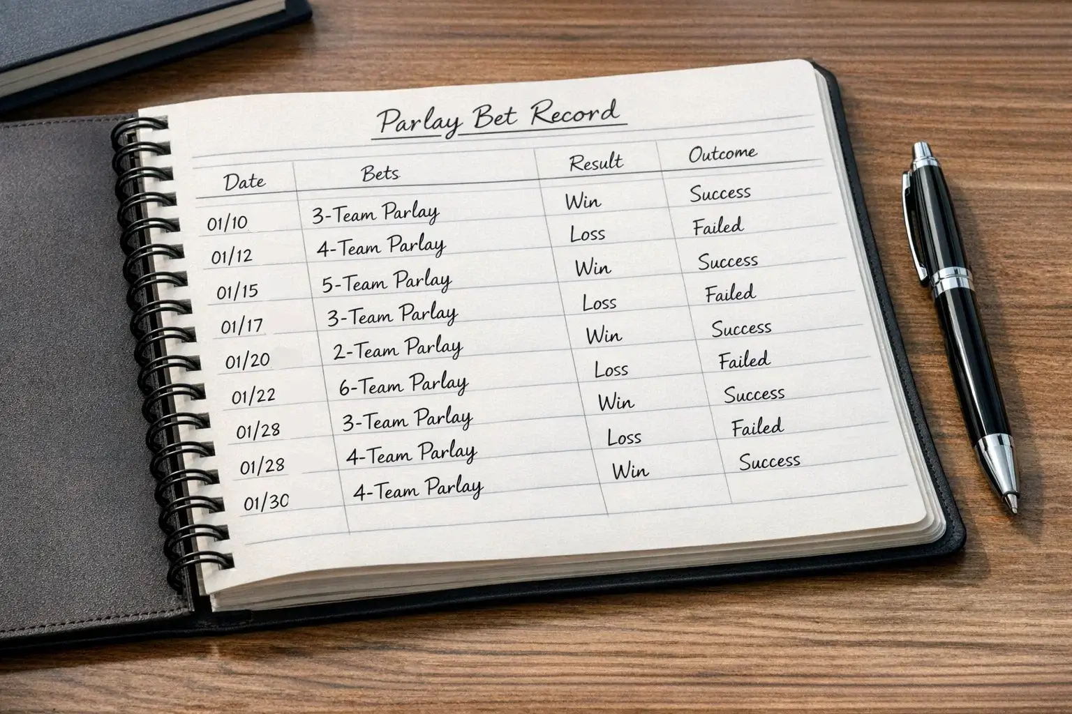 Organized betting journal tracking parlay results