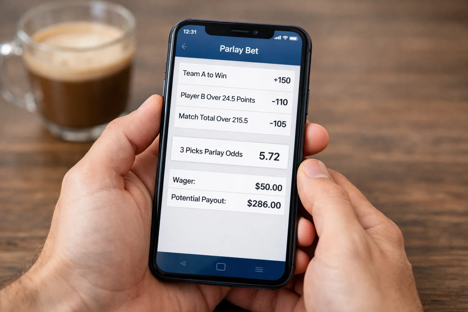 Person using mobile app to build football parlay bet