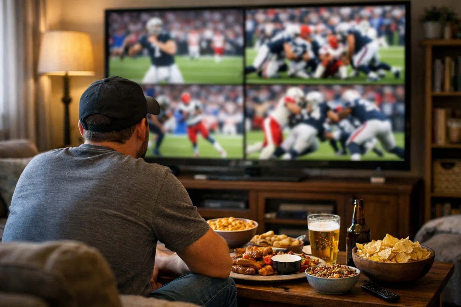 Football fan watching multiple NFL games on Sunday