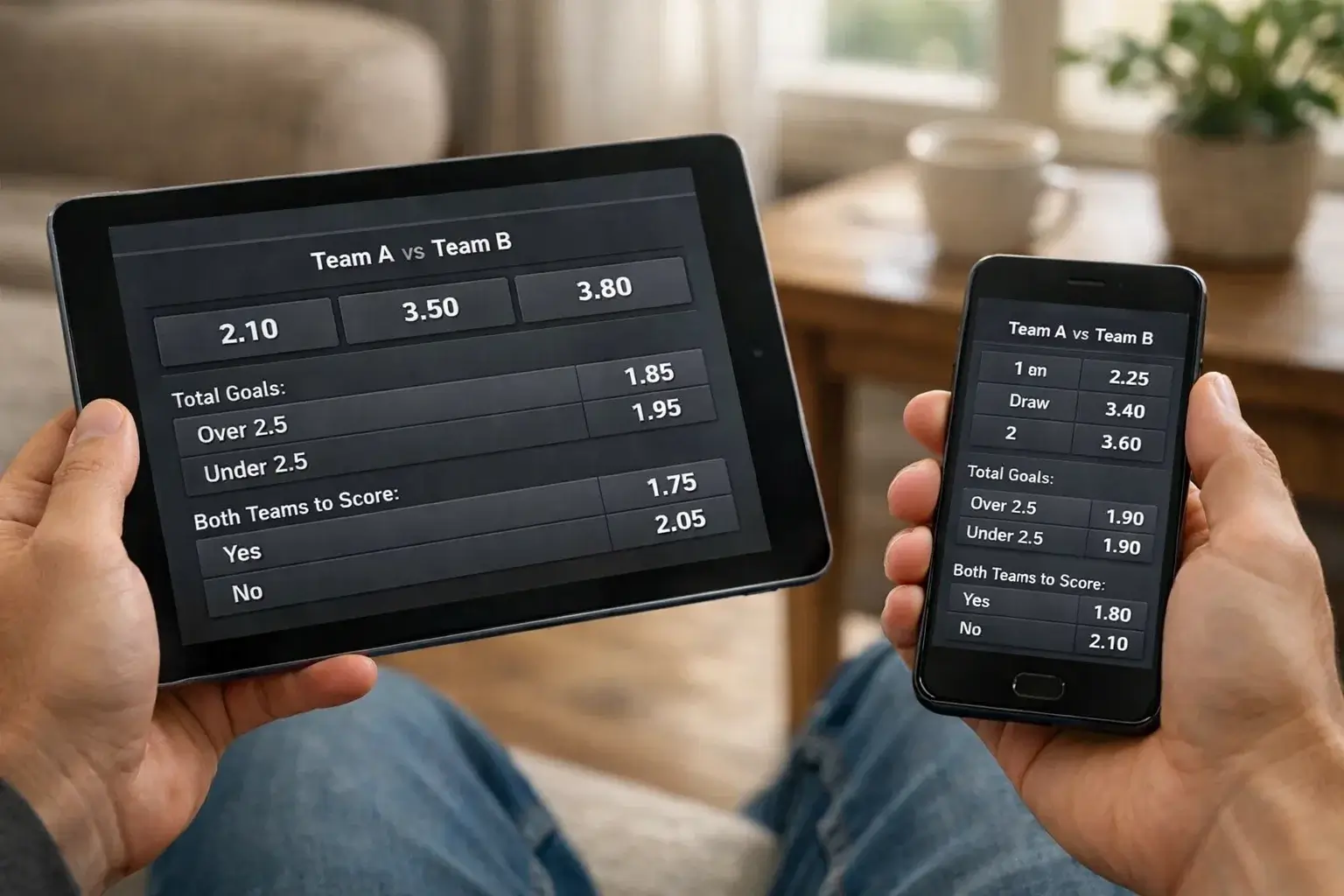 Bettor comparing NFL lines on tablet and phone