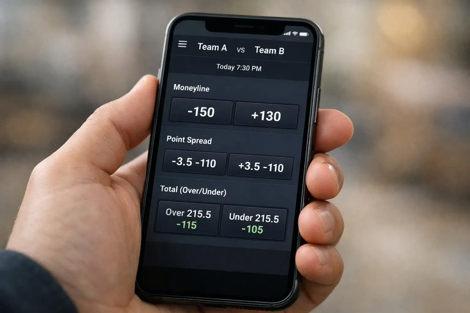 Close-up of betting odds displayed on mobile device