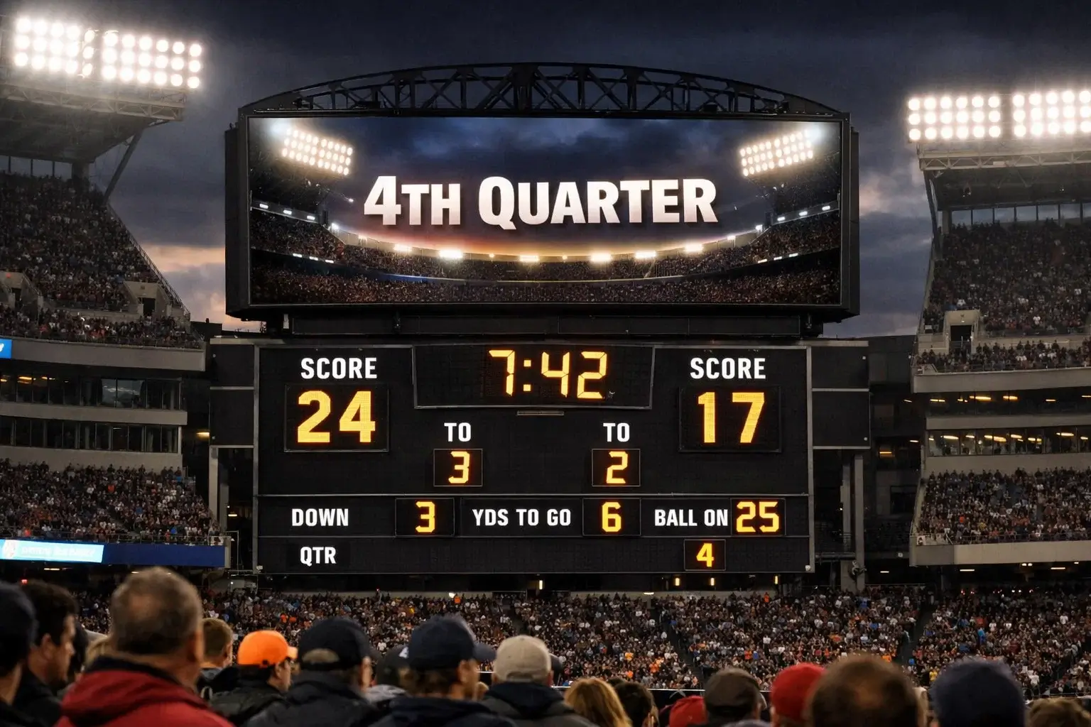 Football stadium scoreboard during NFL game