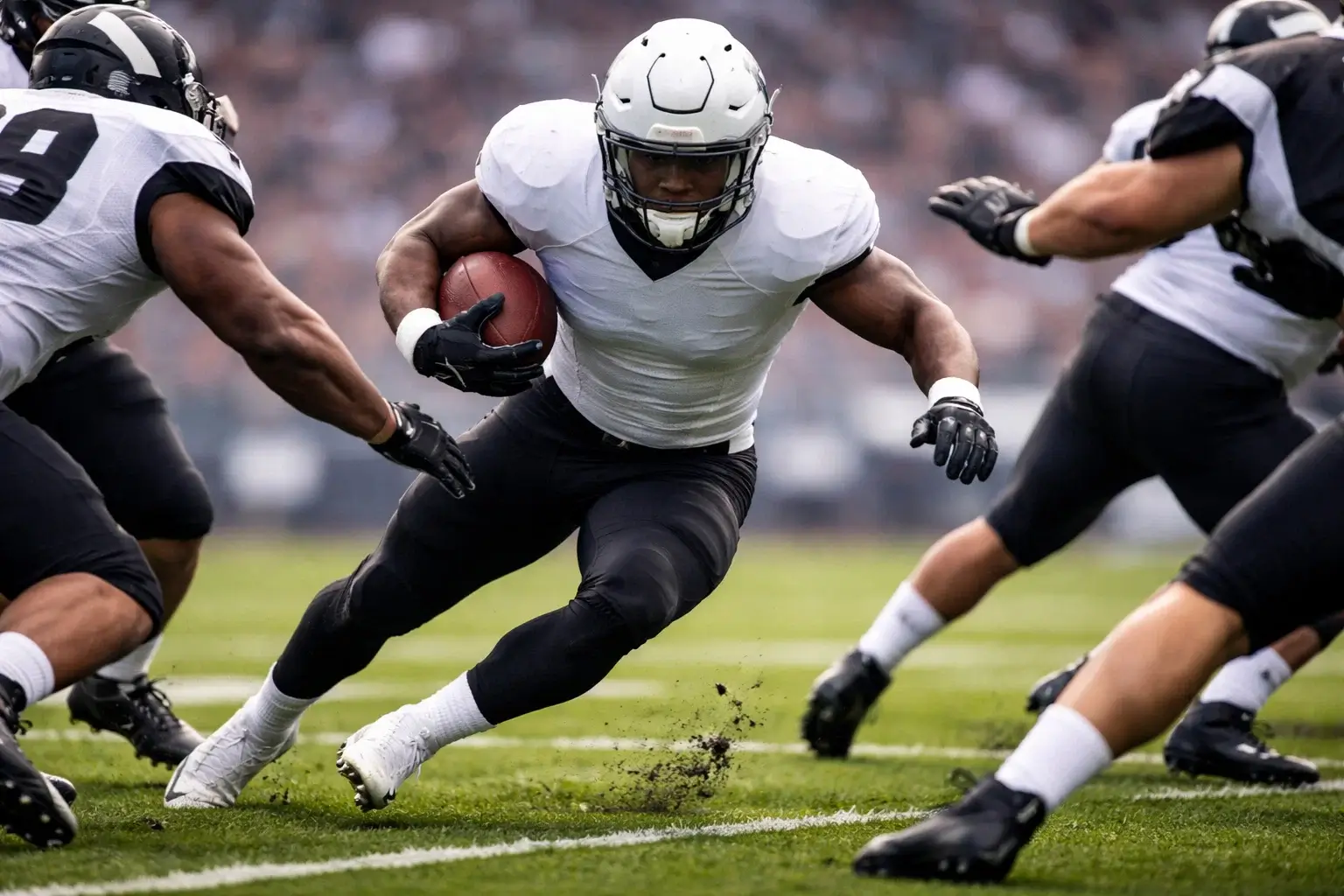 NFL running back carrying football through defenders