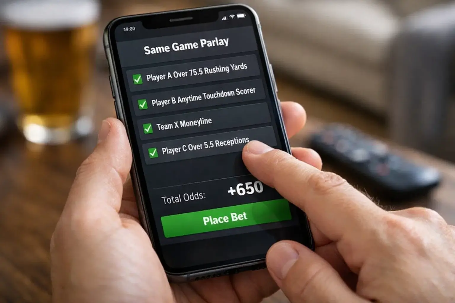 Same game parlay builder on betting app screen