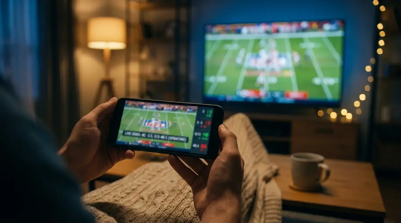A person watching a football game on a smartphone with live odds displayed