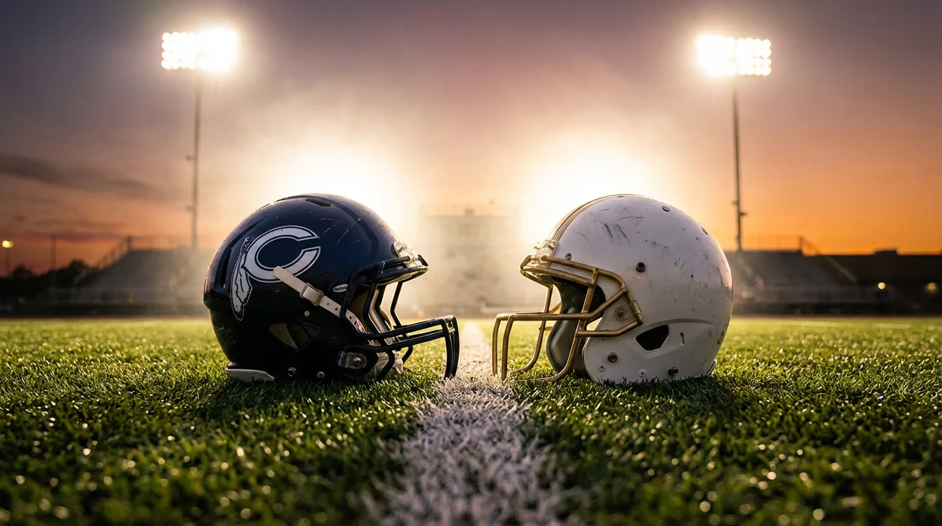 Two football helmets facing each other on a field symbolizing a matchup