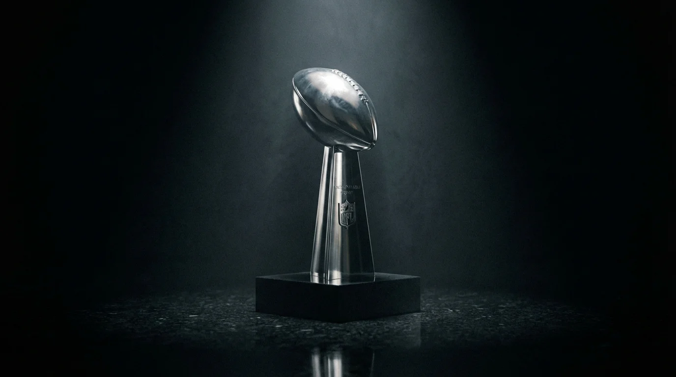 The Lombardi Trophy displayed under a spotlight on a pedestal