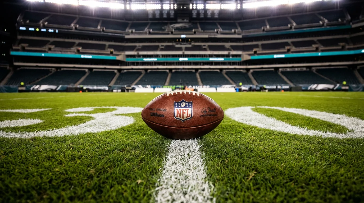 An NFL football resting on a yard-line marker on a green grass field under stadium lights