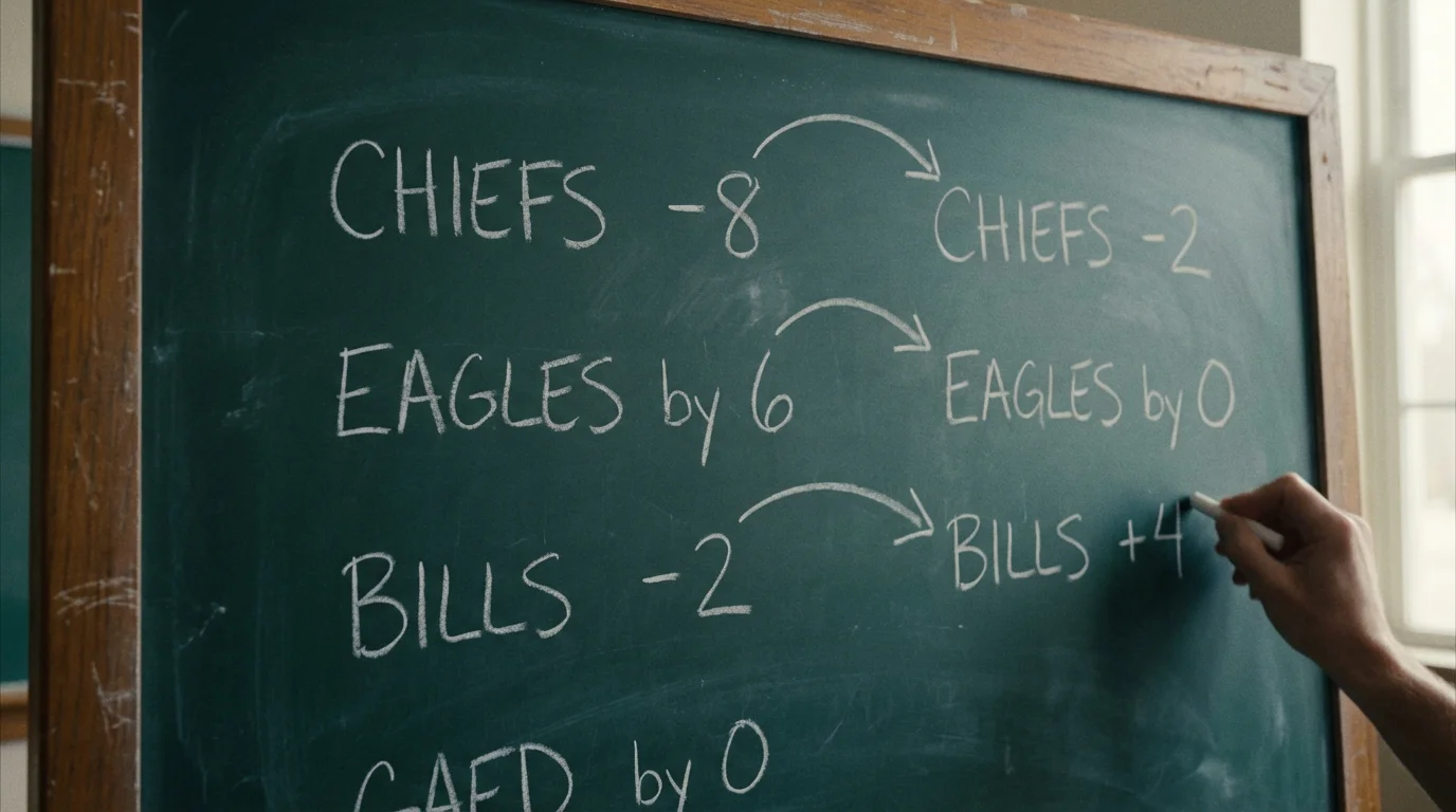 A chalkboard showing football point spread numbers being adjusted with arrows
