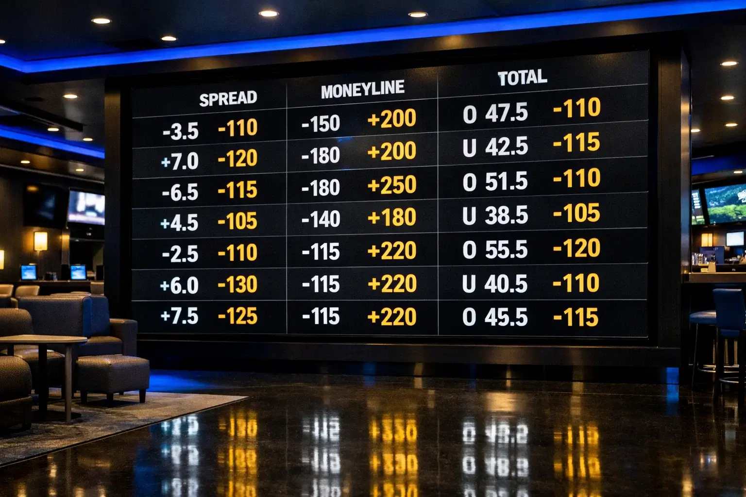 Sportsbook display board showing different betting odds formats
