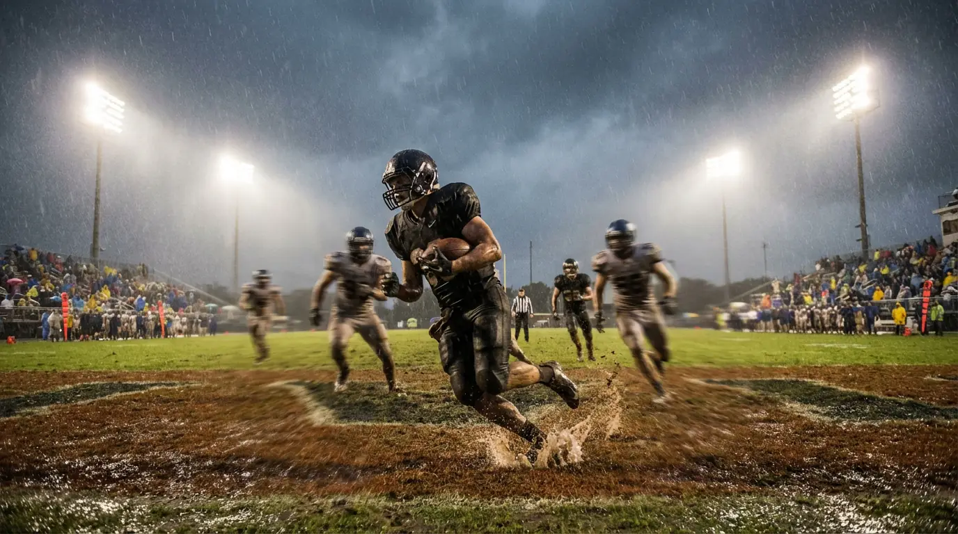 An NFL game being played in heavy rain with players on a muddy field