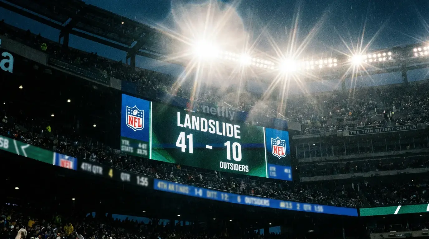 A scoreboard showing a lopsided football score under bright stadium lights