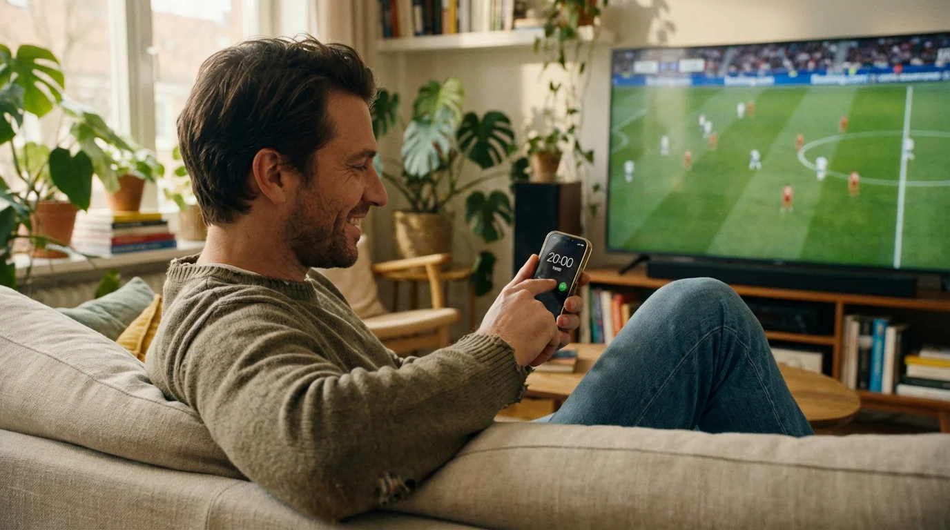 A person calmly setting a timer on their phone before watching a football game