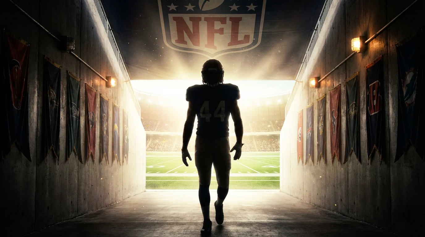 An NFL player walking through a tunnel toward a brightly lit stadium field